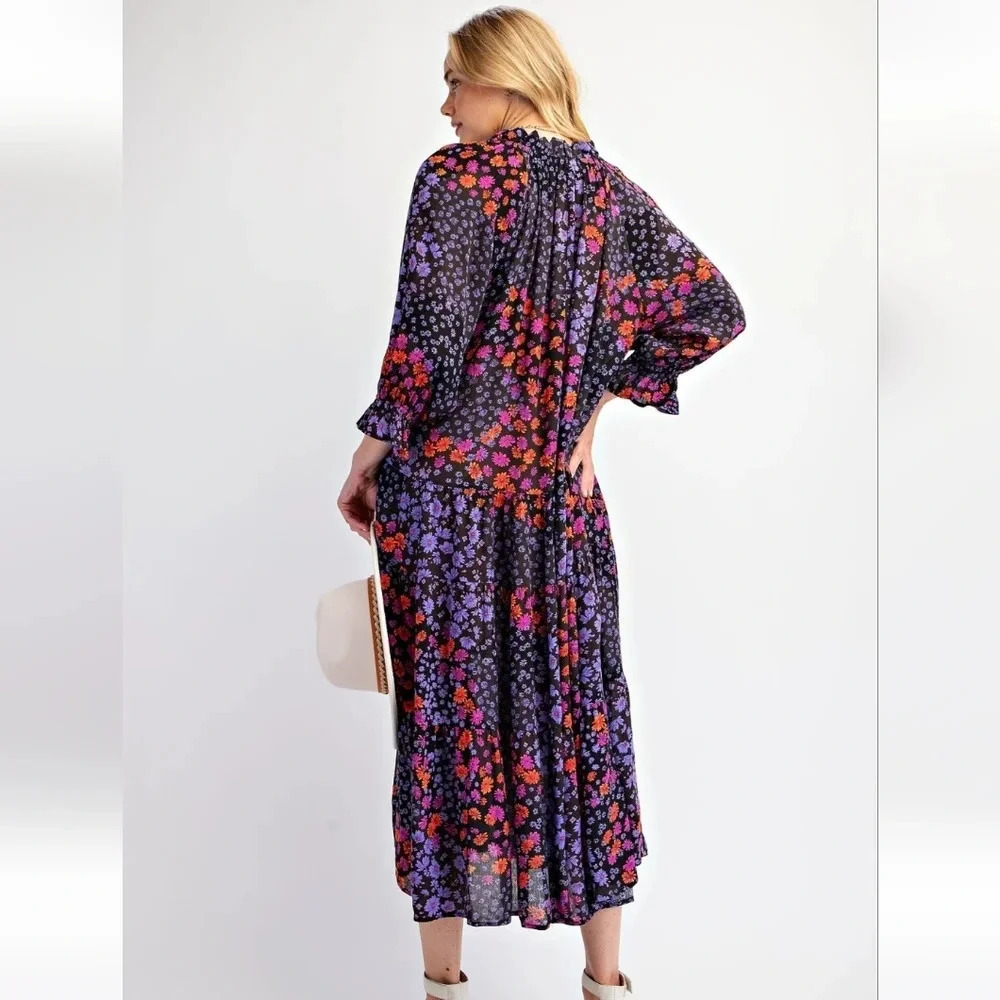 Easel Floral Patchwork Print Rayon Gauze Long Sleeve Dress New - Picture 4 of 5
